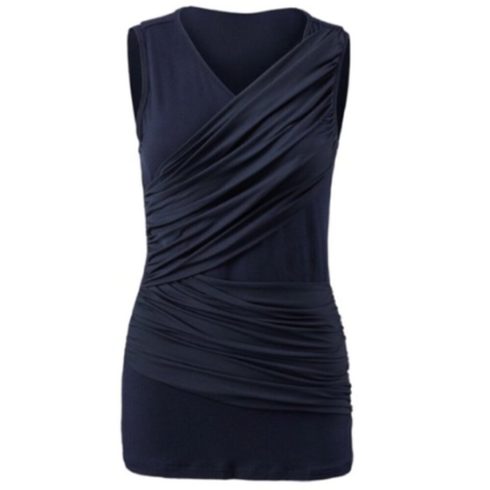 Cabi 5071 Navy Blue Sleeveless V Neck Double Drape Ruched Bodycon Top Size Small